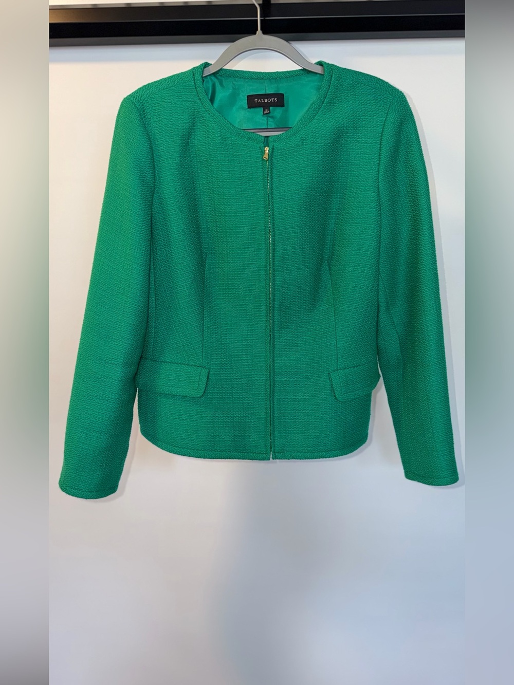 Talbots Bright Green Collarless Zip Tweed Jacket